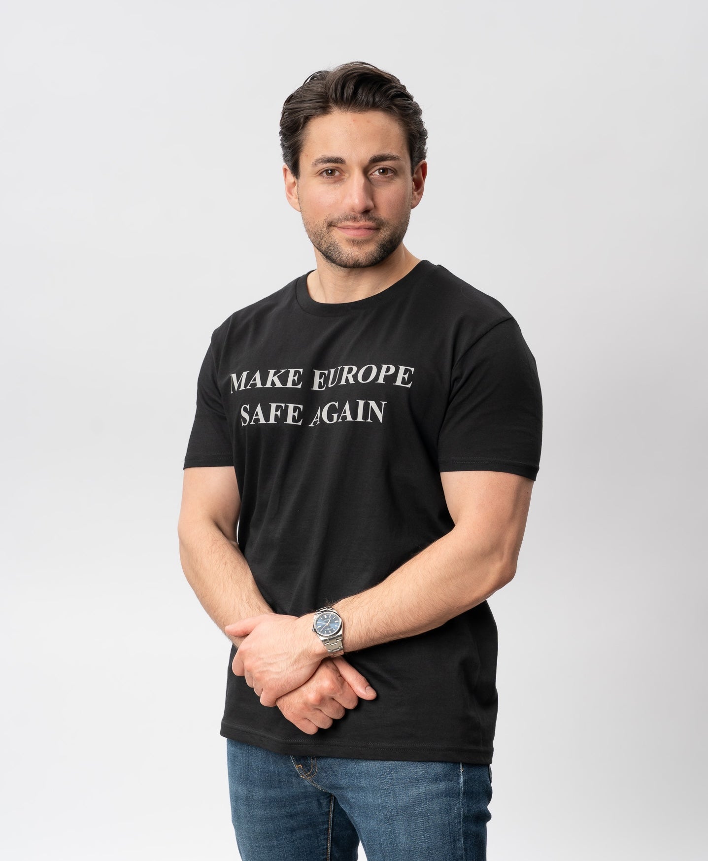 Make Europe Safe again, grey on black, t-shirt
