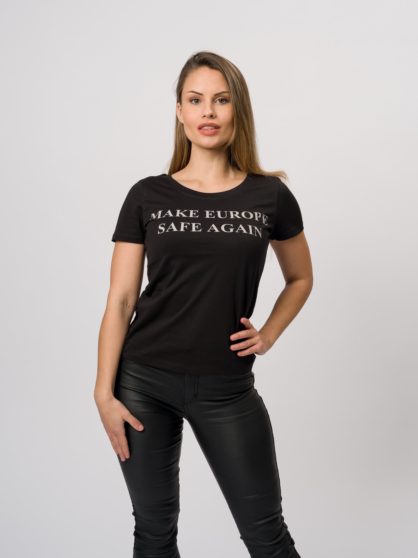 Make Europe Safe Again, grey on black, ladies t-shirt