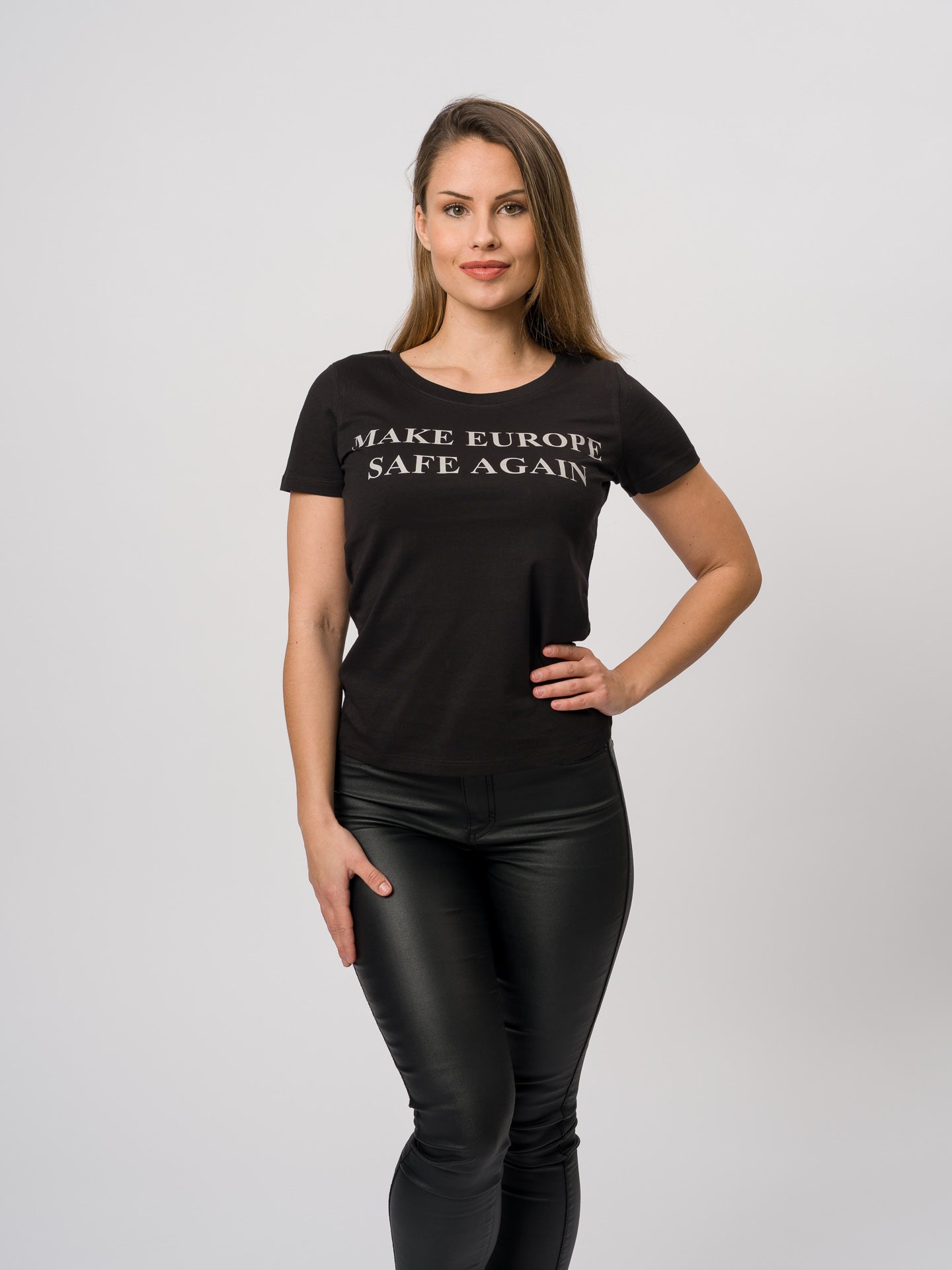 Make Europe Safe Again, grey on black, ladies t-shirt